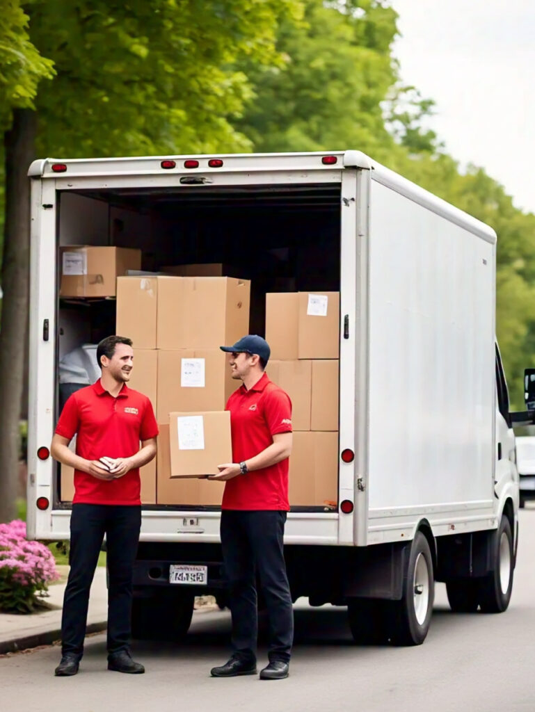 men with red shirts and box truck